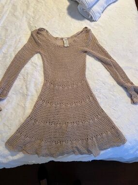 We the free sheer Crochet Knit Long Sleeve Flared Dress in Light Beige